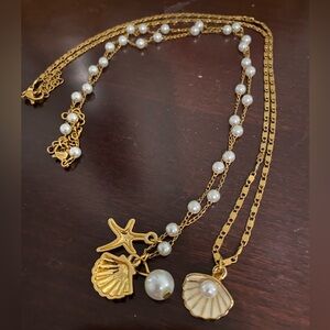 Gold and Pearl Shell Charm Necklace Duo